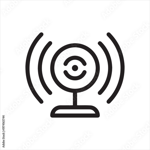 Broadcasting webcam icon. Web camera and sound waves label. Blogging, vlogging, online translation concept pictograph