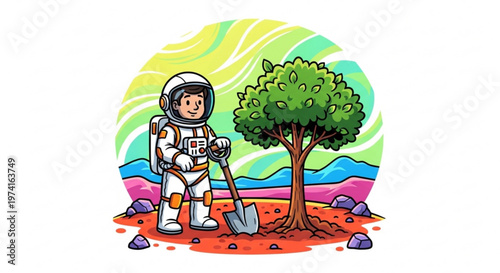 Astronaut planting a tree on an alien planet symbolizing space exploration and environmentalism vector illustration