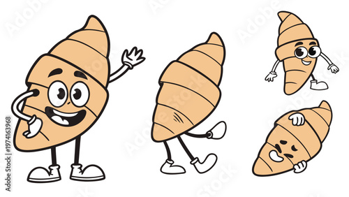 Cute Croissant Character Cartoon Mascot Bakery Illustration Set