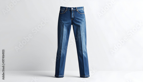 A pair of tailored, classic blue denim jeans, displayed on a white gradient backdrop
