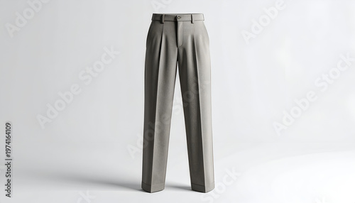 Pleated taupe dress pants on display, lit against a white backdrop with shadows
