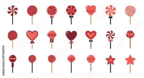 A collection of various red-toned lollipop illustrations, featuring different shapes, patterns, and bow accents against a white backdrop