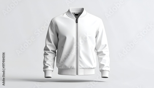 A pristine white bomber jacket hangs against a soft, gradient background