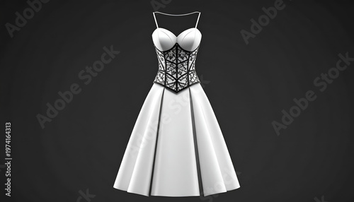 Elegant white dress with corset bodice, spaghetti straps, and flared skirt against a dark backdrop