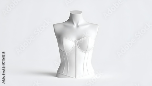 A white corset form on a mannequin against a white backdrop