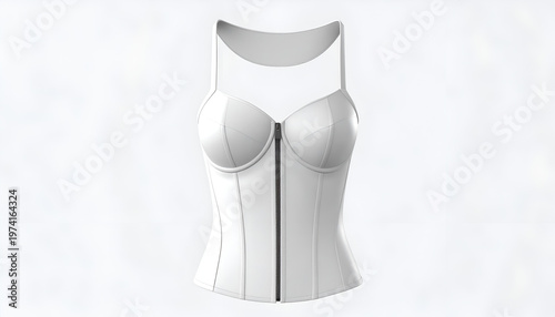 A sleek, white, rendered corset with a central zipper and halter neck, floating
