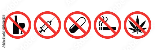 Say no to drugs, set of drugs prohibiting icons, prohibition symbols collection, anti drug campaign concept, banned substances signs, safety and awareness icons, prevention message for health
