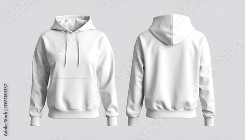 Front and back views of a white hoodie with hood and drawstring on a neutral background