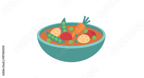 Illustration of soup in a turquoise bowl with several vegetables, including a carrot, peas, potato, and tomato. White background