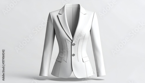 A digitally rendered, pristine white tailored blazer against a clean, light background