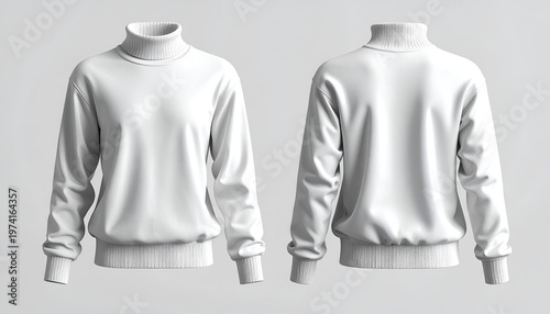 Front & back view of a white turtleneck sweater, rendered with smooth texture, soft shadows