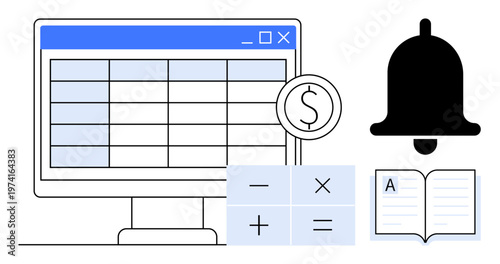 Financial planning, organizational tools, productivity, budgeting, data management, accounting. A computer screen with a spreadsheet, calculator bell and open book. Financial planning and data