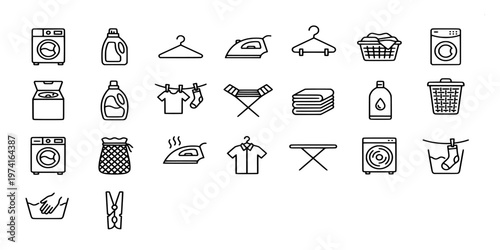 icon liner set collection of laundry service and clothing care equipment featuring washing machines, irons, hangers, detergent, and drying rack symbols.