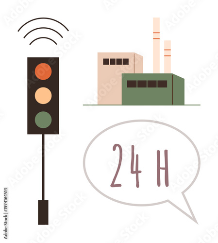 Industrial automation, real-time monitoring, productivity, manufacturing processes, smart systems, continuous operations. Factory building, traffic light and wireless symbol. Industrial automation
