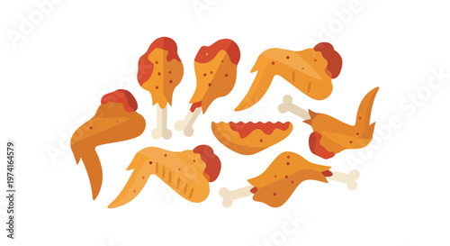A cartoon illustration on white background, featuring different cuts of fried meat. These include wings, drumsticks, and a piece, all golden-brown with sauce