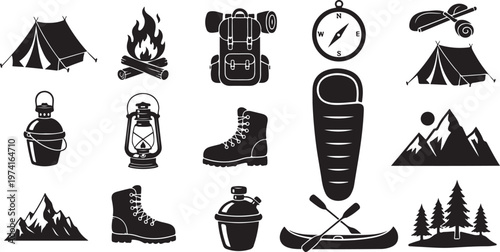 Camping and hiking icons and travel equipment symbols set