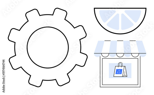 E-commerce, automation tools, software development, retail business, digital shopping, minimalism. Iconic gear, lemon slice storefront with bag. E-commerce and automation tools concept