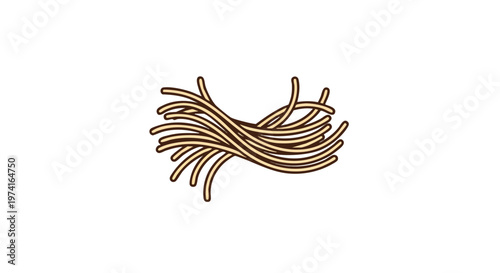 A cartoon illustration of a pile of cooked pasta. The noodles are beige with a brown outline and arranged in a messy, appealing way against a white backdrop