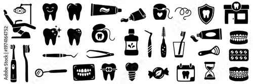 Dental care and orthodontics icon set with dental chair, happy and damaged teeth, toothpaste and floss, tools, mouthwash, braces, implants, aligners, toothbrushes, candy risk