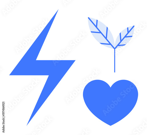 Sustainability, renewable energy, eco-friendly initiatives, health, well-being, clean energy. Blue lightning bolt, heart and leaf symbols. s renewable energy and sustainability