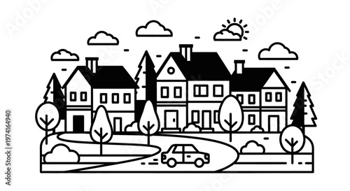 Black and white line drawing houses.