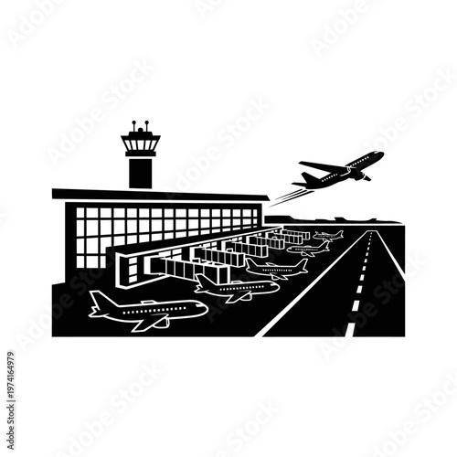 Airplane taking off from airport runway.