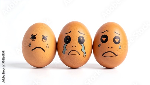 Sad eggs with faces drawn on them, expressing sadness and emotional distress