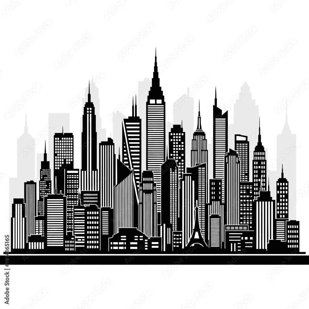 Fototapeta premium Black and white city skyline buildings.