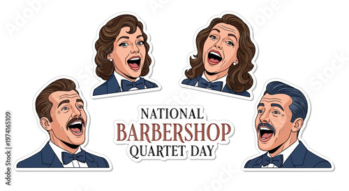 A vector illustration celebrates National Barbershop Quartet Day with four smiling singers in vintage attire, styled as classic barbershop singers against a clean white background