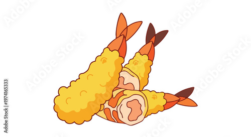 A cartoon illustration featuring three pieces of tempura, a Japanese dish of deep-fried seafood. The shrimp are coated in a golden-brown batter