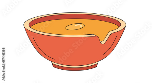A simple, cartoon illustration of a bowl filled with soup.  A small, oval shaped island sits afloat the soup's surface. A portion of the soup appears to be spilling from the bowl