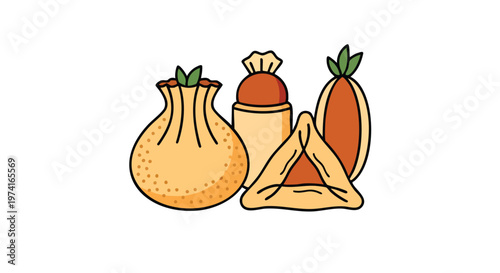 A cartoon illustration on white, featuring four food items. Includes a dumpling, a cylindrical item, a triangle pastry and a oval-shaped dessert
