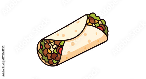 A cartoon depiction of a rolled up meal, with a beige wrap and ingredients like meat and vegetables spilling out