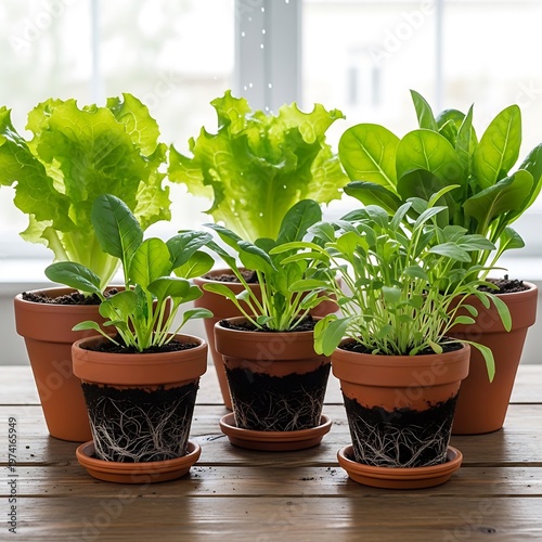 Potted plants on a wooden table, healthy green foliage.