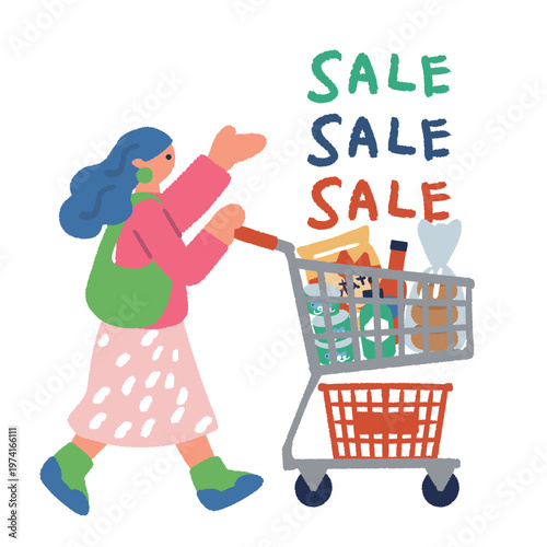 ショッピングカートを持って歩く女性のイラスト