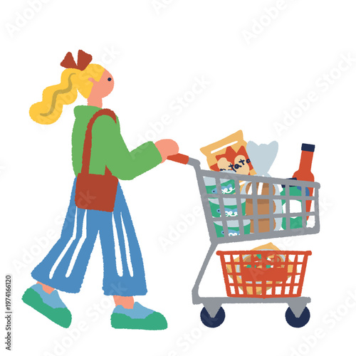 ショッピングカートを持って歩く女性のイラスト