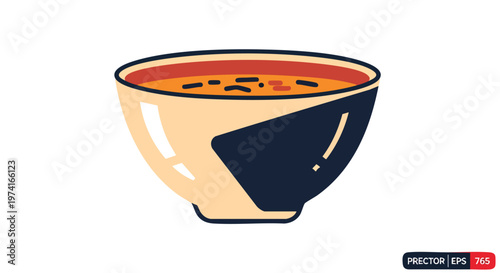 A cartoon-style illustration of a bowl filled with soup. The bowl has a light tan exterior, and a dark blue section on one side. The soup is orange and red