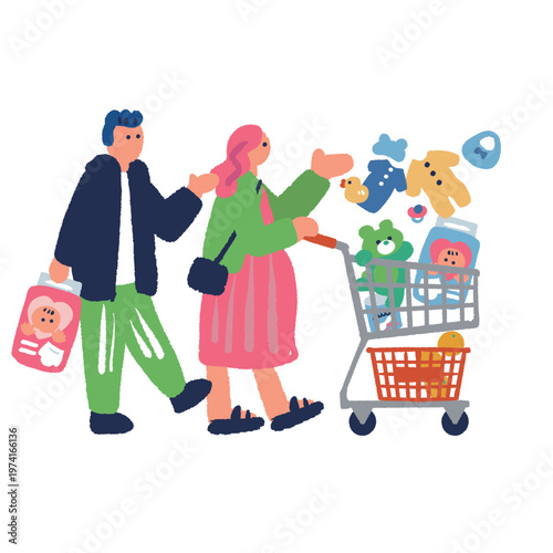 ベビー用品を買う夫婦とショッピングカートのイラスト