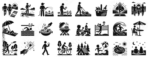 Summer leisure and vacation icon set with couples at sunset, paddle boarding, gardening, lawn care, picnic and barbecue, beach games, surfing, camping, cycling, swimming, stargazing at night