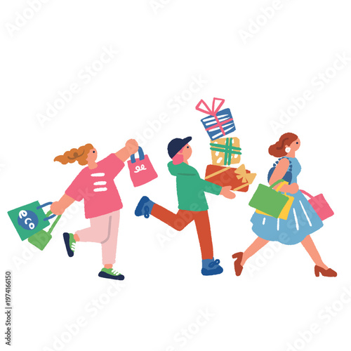 たくさん買い物をして歩く人々のイラスト
