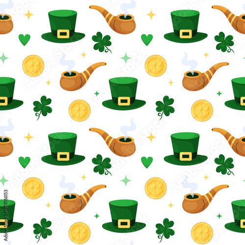 Seamless pattern with Top hat and smoking pipe. Saint Patricks Day elements. Holiday greeting card on white background. Hand drawn vector illustration.