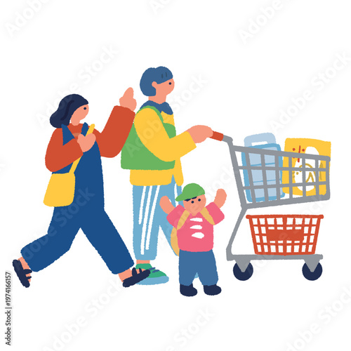 サステナブルな買い物_エコバッグと買い物かごを持って歩く家族のイラスト