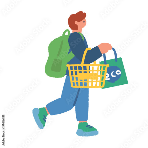 サステナブルな買い物_エコバッグと買い物かごを持って歩く男性のイラスト