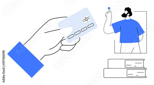 Payments, professional identity, education, digital security, personal finance, mobile tech. Hand holding a credit card person with an item, stacked books. Payments and identity concept