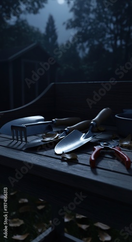 Garden tools arranged on a wooden surface in the evening.