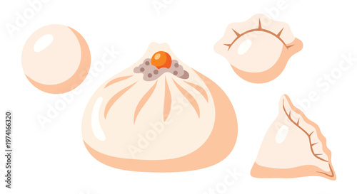 A stylized illustration features various dumplings in different shapes, sizes and styles, all with a light tan or peach color on a white background