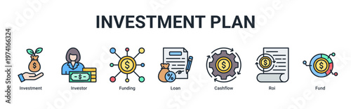 Investment Plan web banner icon vector illustration with icons of Investment,Investor,Funding,Loan,Cashflow,Roi and Fund