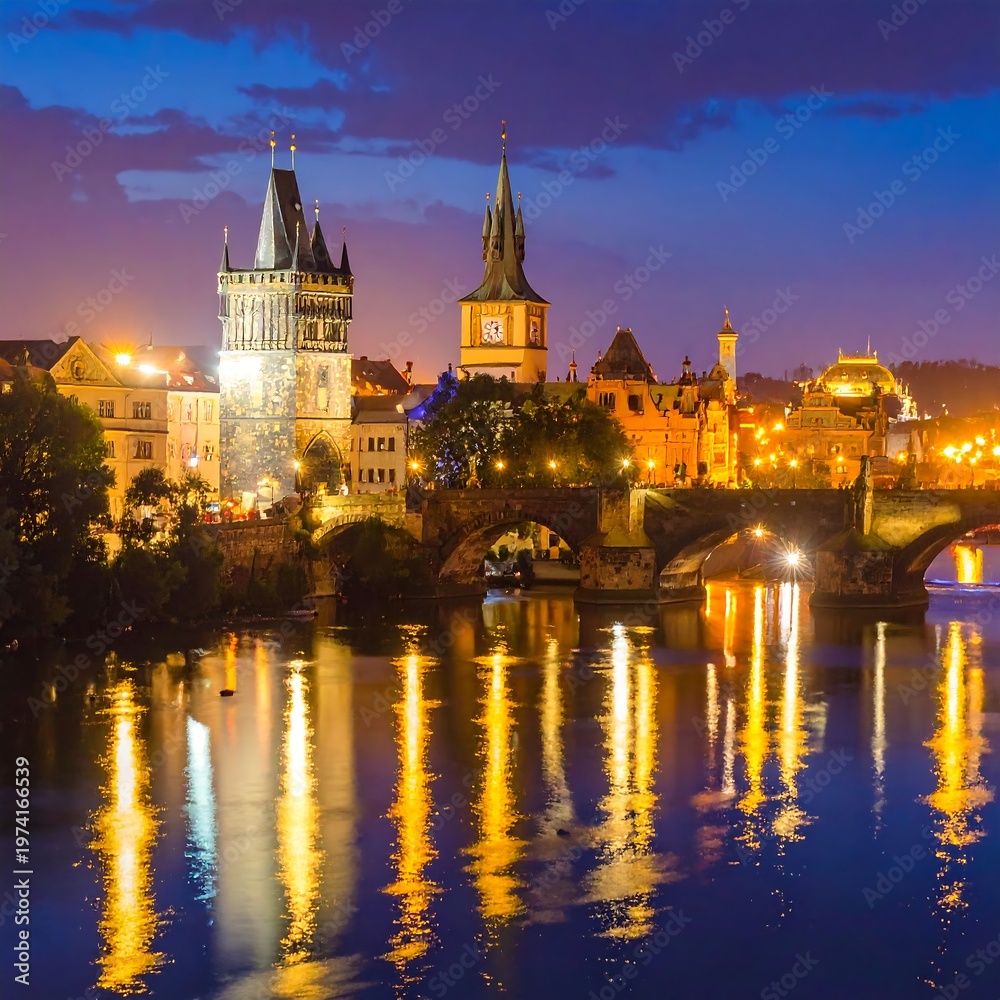 Obraz premium A serene cityscape at dusk with a river and bridge