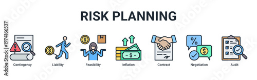 Risk Planning web banner icon vector illustration with icons of Contingency,Liability,Feasibility,Inflation,Contract,Negotiation and Audit