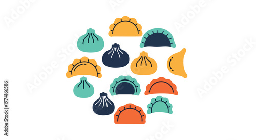 A vibrant, flat-design illustration features a collection of various shaped and colored dumplings arranged in a circular formation